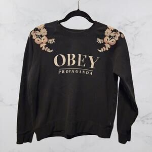 OBEY Propaganda Embroidered floral crewneck black sweatshirt size small